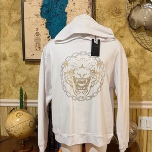 Heads or Tails Men’s White Graphic Hoodie. Silver and Gold Rhinestone. NWT. 2XL